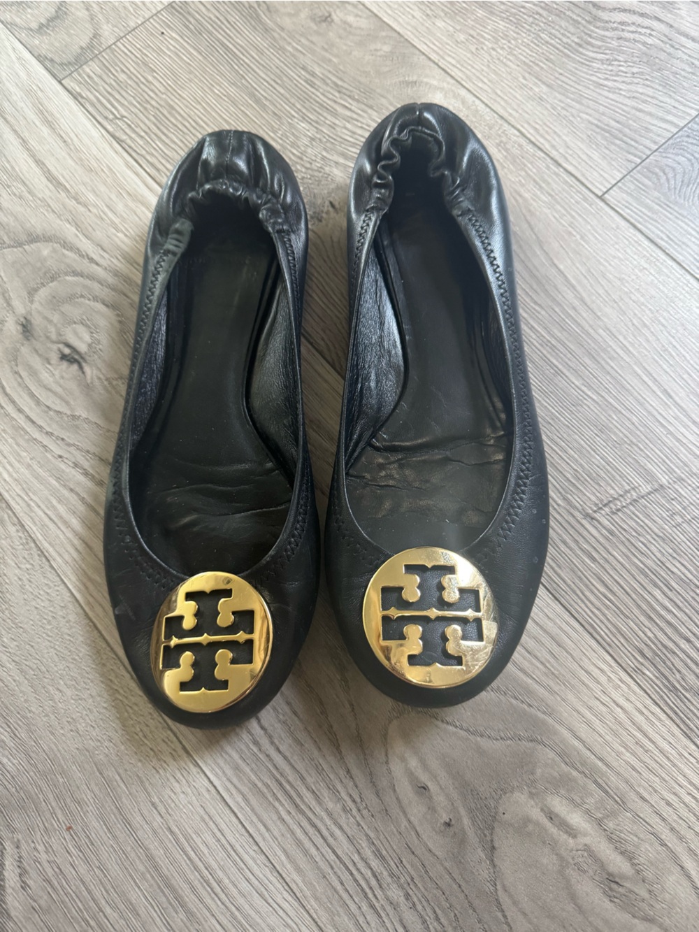 Tory Burch Black Leather Ballet Flats with Gold Logo Emblem